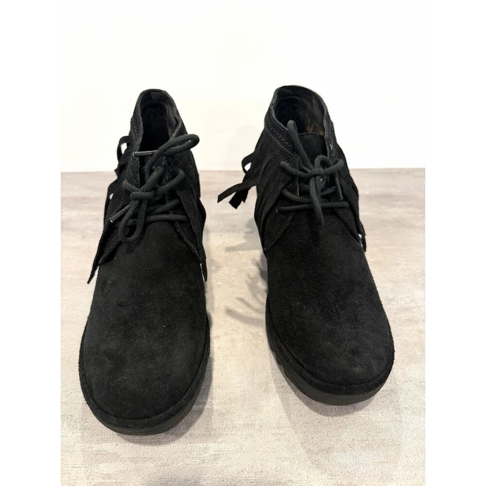 Fly London Yank Black Oil Suede Fringe Wedge Ankle Booties Boots US 7.5 EU 38